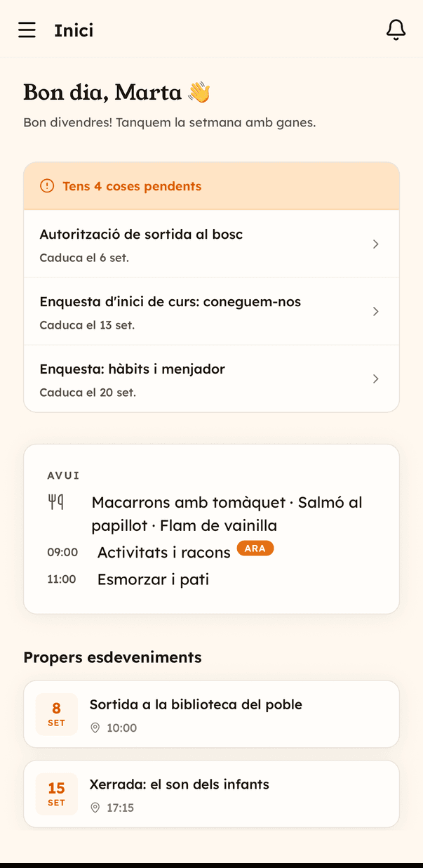 App Lyncat Niu: inici amb les coses pendents, el menú d'avui i els propers esdeveniments