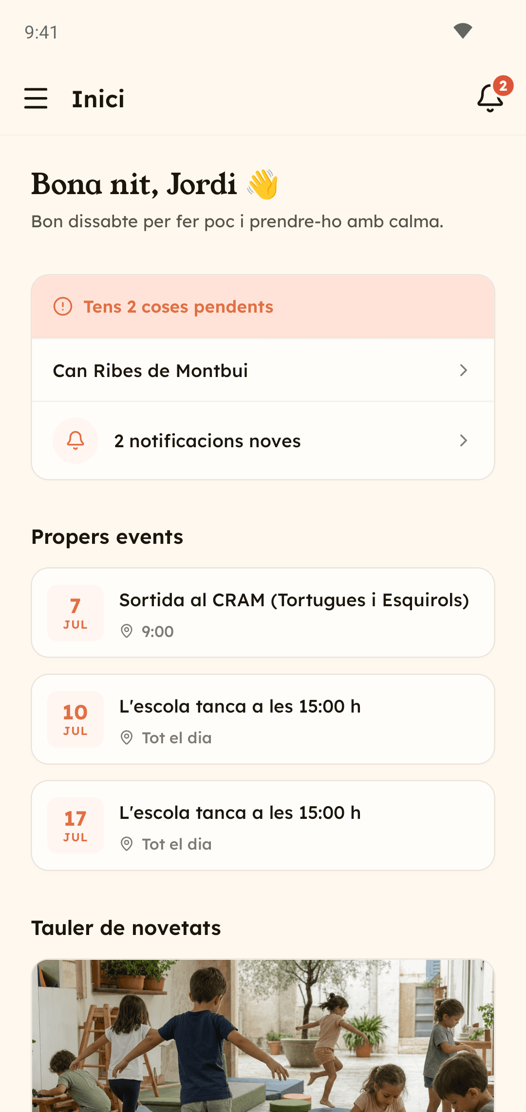 Lyncat Niu app home screen with the day's summary and pending tasks
