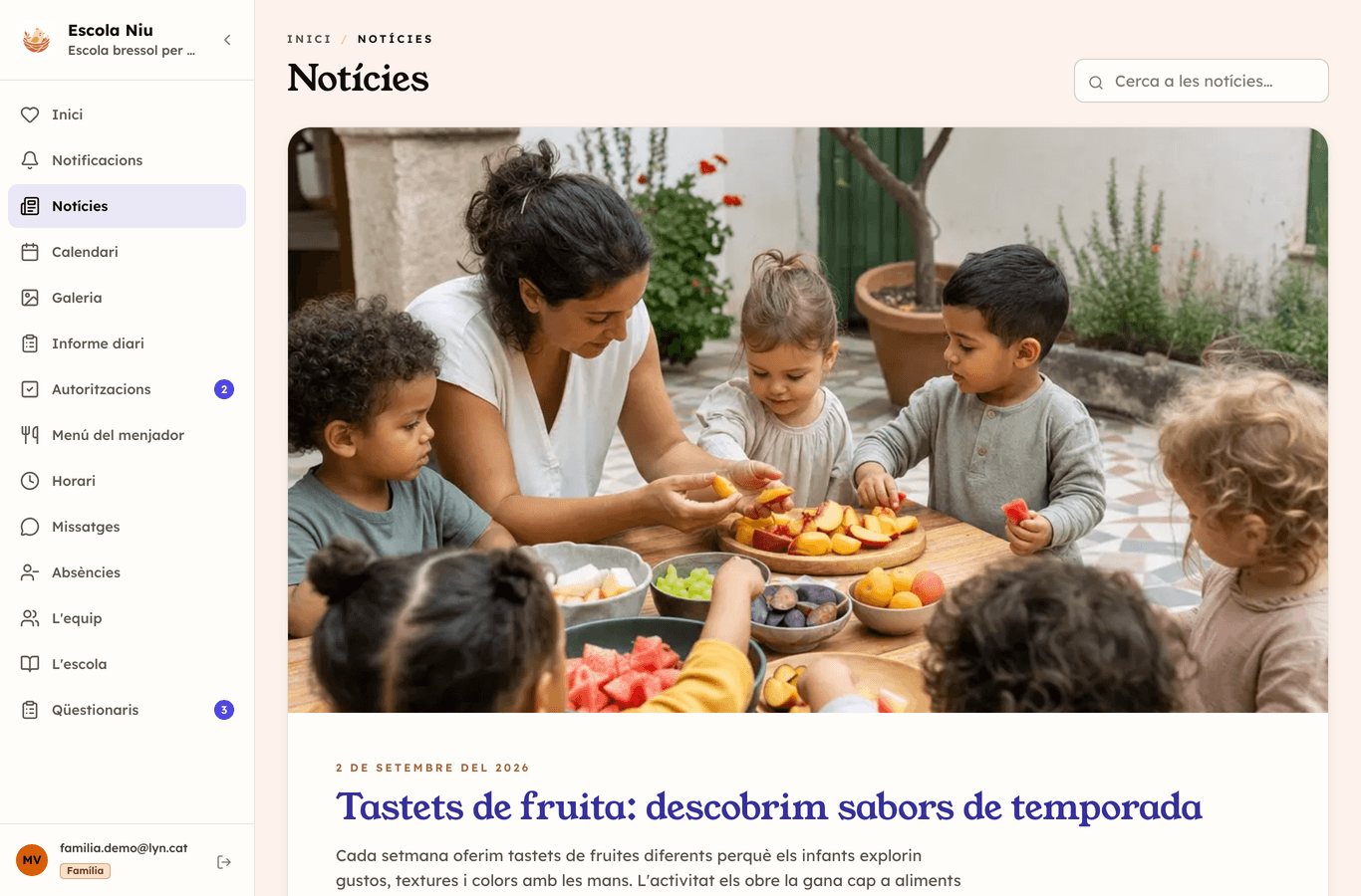 Portal web de les famílies: notícies del centre amb fotografia
